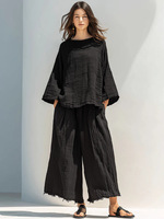 Setelan Linen Wanita Grosir 2 Potong Gaya Boho Atasan Tunik Oversize Celana Kaki Lebar Setelan Serasi Pakaian Linen Kuning Mustard Kasual Musim Panas