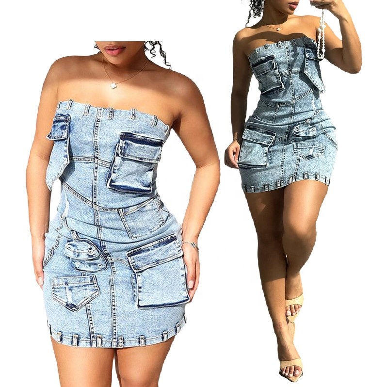 F88557 New design hot sale american summer clothes 3D pockets casual dresses slim fit jean dresses women strapless denim dress