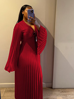Nouvelle robe élégante décontractée pour femmes, couleur unie, col en V, manches longues plissées, taille plus, style élégant