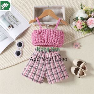 Verano otoño niñas conjuntos de ropa bebé niñas <span class=keywords><strong>Bos</strong></span> Sling Tops pantalones cortos conjunto de ropa a cuadros - Product Image 4