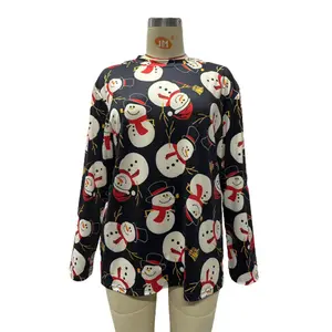 Custom Vrouwen Lange Mouw Tops Dames Kerstontwerpen Xmas Print Plus Size Ronde Hals Damesblouses