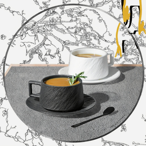 HY7 Cheap Price Wholesale Classic Black &amp; White <strong>Frosted</strong> Rock-textured Bone China Cappuccino <strong>Cup</strong> &amp; Saucer Set for Home 250ML - Product Image 3