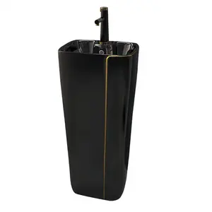 Lavabo de pedestal cuadrado moderno con orificio único, lavabo de baño independiente moderno, lavabo de pedestal negro con línea dorada