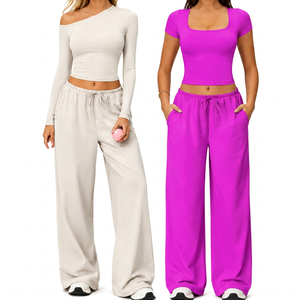 <b>Red</b> 2 Piece Yoga Set Asymmetric Off Shoulder <b>Crop</b> <b>Top</b> High Waist Wide Leg Pants With Pockets Breathable Spandex Cotton Material - Product Image 1