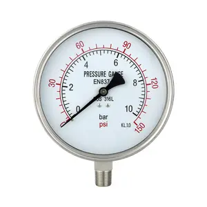 Made in china 6 inch 250bar bottom Connection air oil hydraulic Stainless Steel Manometer