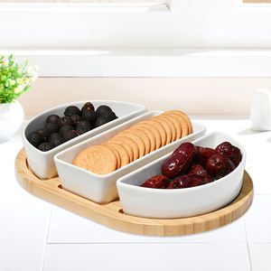 Luxury Wholesale Handcraft Natural Bamboo Serving <b>Plate</b> <b>Ceramic</b> Bowls Non Slip Groove for Dessert Nuts Fruits - Product Image 1