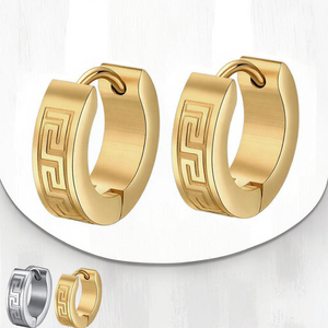 Orecchini in acciaio inossidabile placcato oro 14k alla moda stile di incisione maschio cerchio in acciaio per matrimoni - Product Image 1