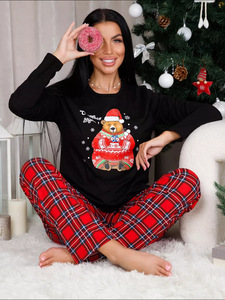 Conjunto de Pijama de 2 Piezas para Mujer, Cintura Elástica, Cuello Redondo, Estampado Personalizado, Ropa de Dormir, Pijama Navideño - Product Image 1