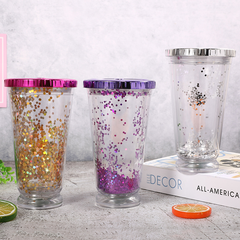 16oz Plastic Double Wall Glitter Tumbler with Lid & Straw - Ideal for  Business Gifts and Parties, Eco-Friendly Drinkware