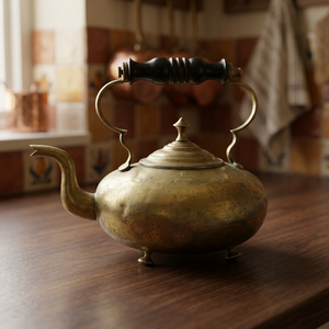 Bouilloire à thé vintage en laiton avec poignée et couvercle en bois, pot à eau en métal - Product Image 2
