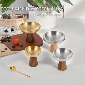 Hot Item Eco-Friendly Polished 304 Stainless -Steel <b>Ice</b> <b>Cream</b> Dessert Pudding Coffee Wine <b>Cups</b> Wooden Stand Modern Design - Product Image 2