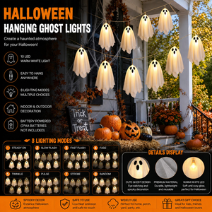 Guirnalda de Luces LED Fantasma, Blanco Cálido, Impermeables, Funcionan con Pilas, Luces Decorativas para Exteriores, para Fiestas de Halloween y Decoración de Jardines - Product Image 1