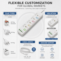 Multiprise modulaire avec cordon réglable, 4 prises universelles, 3 ports USB-C PD à charge rapide, interrupteur, tour d'alimentation pour salle de sport