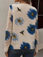 Pull en maille respirant 100 % polyester pour femme, motif floral style aquarelle, col en V, manches longues, maille ajourée, patchwork numérique, collection Printemps 2026
