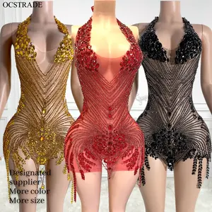 Ocstrade वेलेंटाइन दिवस दिनांक 2023 हीरा सेक्सी कपड़े महिलाओं स्फटिक लाल जाल लक्जरी पार्टी पोशाक सुरुचिपूर्ण वी गर्दन Vestidos पोशाक