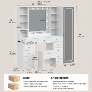 Modern Wood <strong>Vanity</strong> <strong>Desk</strong> <strong>with</strong> Mirror Full Length 11 <strong>Drawers</strong> Glass Dressing Table for Bedroom Livingroom - Product Image 3