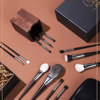 Set Kuas Makeup Custom Logo Private Label Bulu Alami Bulu Sintetis Gagang Kayu Ebony Tabung Tembaga 12 Pcs Seri Peach Blossom
