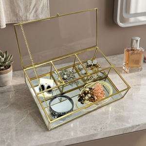 Plateau à bijoux en verre doré, plateau décoratif en verre et laiton doré - Product Image 2