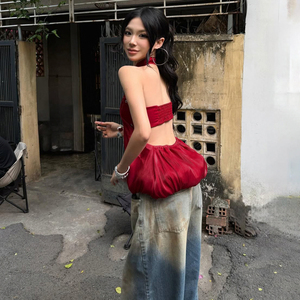 Vintage Red Loose Knitted Crew Neck Sexy Backless Breathable <b>Patchwork</b> Party Club Women's Bandeau <b>Top</b> - Product Image 5