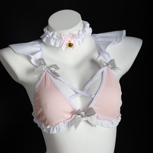 Lemon Story Maid Uniform Cosplay Costume White Ruffle Collar With Gold Bell Pink Bow JK Style - Product Image 2