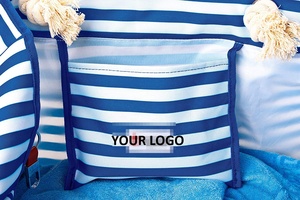 Femmes 100% coton bleu rayé <span class=keywords><strong>XXL</strong></span> imperméable plage fourre-tout sac à provisions haut aimant fermoir bandoulière corde poignées pour voyage - Product Image 5