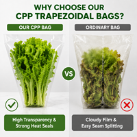 Sacs d'emballage trapézoïdaux en CPP de qualité alimentaire, thermoscellables, imprimés en héliogravure, avec trous d'aération pour l'emballage de laitues, herbes fraîches et légumes - Vente en gros