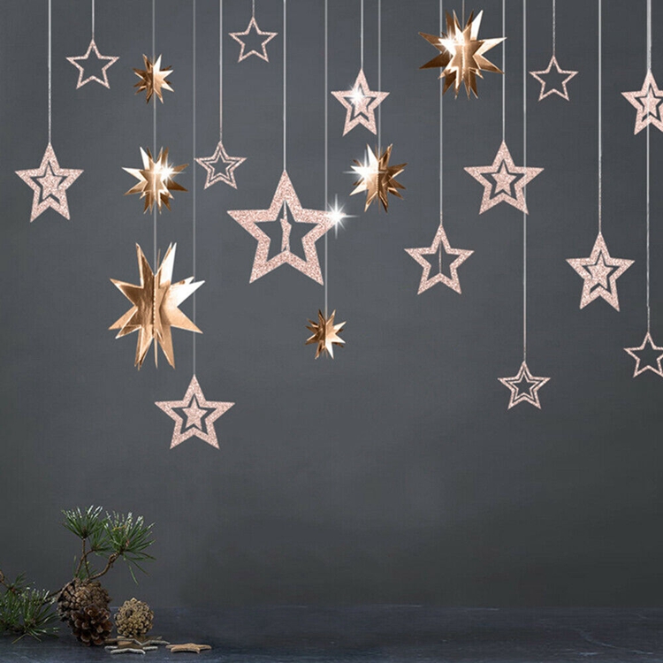 Glitter Silver Star Garlands Kit Metallic 3D Star Decorations Hanging Paper Garland Twinkle Birthday Party Star Supplies Baby Wedding Shower Graduation Christmas