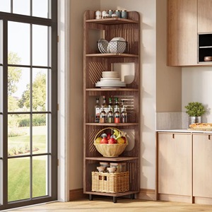 Étagère d'angle moderne en bois SENYU avec 5 étagères ouvertes, design gain de place pour salon, meuble de rangement autoportant - Product Image 4
