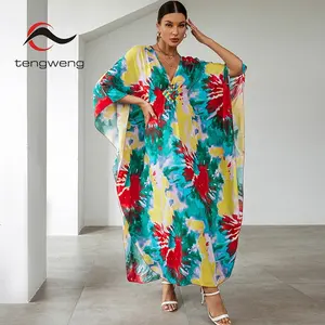 TW 2024 Hand Made Tie Dye Long Kaftan Boho Lady Beach Summer Holiday Cover Up Sexy Resort Wear Kimono