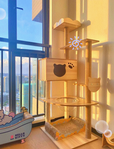 Rumah Pohon Kucing Besar Klasik dari Kayu dengan Bingkai Panjat Berlapis Bulu dan Mainan Interaktif Penggaruk - Product Image 4