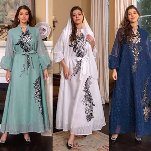 Luxury Moroccan Ethnic Muslim Arabic Women's Sequin Embroidered Jalabiya Dress Long Ruched Sleeve Party Evening Wedding Abaya