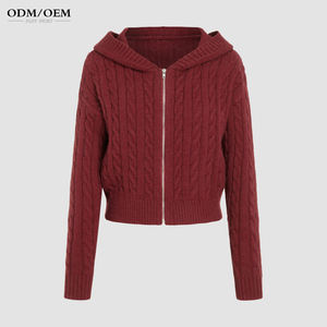 เสื้อโค้ทไหมพรมซิปแฟชั่นฤดูใบไม้ร่วง เสื้อคาร์ดิแกนไหมพรมถักแบบสั่งทำพิเศษสำหรับผู้หญิงมีฮู้ด - Product Image 4