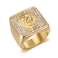 Bague Lion 2 Tons en Acier Inoxydable 316L Plaqué Or Diamant Taille Brillant Hip Hop Serti de Pierre Glacé Bijoux pour Homme