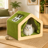 Maison pour chat moderne en velours, tente d'intérieur avec structure en bois, rideaux, coussin en peluche, fenêtre occultante, lit confortable pour animaux de compagnie