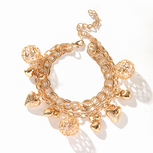 Bracelet à breloques cœur ajouré plaqué or, bijoux de fête multicouches pour femme, chaîne en alliage avec extension - Product Image 1