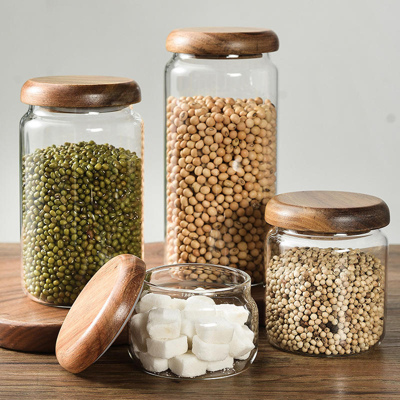 High Borosilicate Glass Storage Jars Wood Lid Eco-Friendly