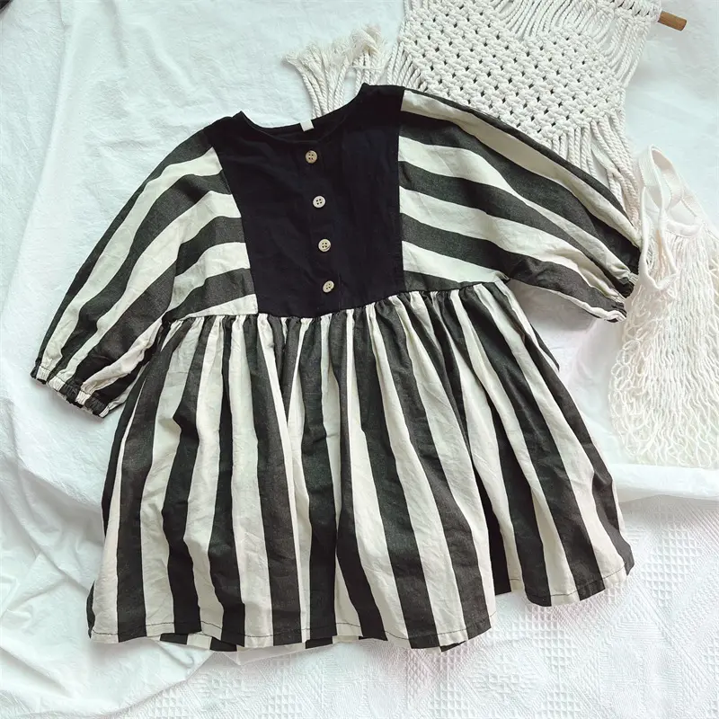 2024 Sprint Zebra Black White Listrado Vestidos De Linho Para Meninas Pequena Criança 1-7 Anos