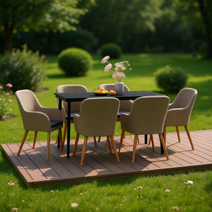 Set da pranzo moderno da giardino per 6 persone, mobili da esterno in vimini marrone con struttura in legno, tavolo e sedie da patio resistenti alle intemperie - Product Image 2