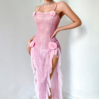 KISS ME ANGEL Gaun Halter Seksi Berbentuk Ramping dan Pas Badan, Berbahan Kain Jaring Berpayet dengan Hiasan Bunga Mawar Tiga Dimensi
