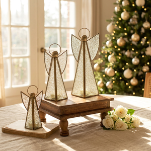 2026 <b>Christmas</b> & Easter Angel Shape Brass Glass <b>Tea</b> <b>Light</b> Candle Holders in 3 Sizes Handmade Lead Free for Tabletop Home Decor - Product Image 3