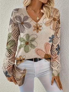 <span class=keywords><strong>Pull</strong></span> imprimé best-seller, élégant, bohème, à fleurs, col en V, manches longues, hauts décontractés amples et tendance pour femmes - Product Image 5