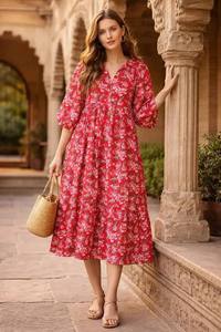 Robe midi en coton 100% à imprimé floral numérique, robe décontractée d'été - Product Image 3