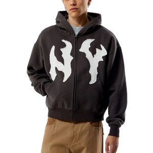 Manufacturer <strong>NY</strong> Raw Applique Full Zip up Hoodie Unisex High Street Cropped Patch Embroidery Hoodie Vintage Loose Y2k <strong>Hoodies</strong> - Product Image 1