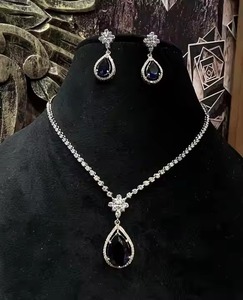 Exquisite 14K 18K Solid Gold Necklace Set with Natural <b>Diamonds</b> <b>Blue</b> Synthetic Stones <b>Earrings</b> Certified for Elegant Occasions - Product Image 1