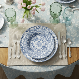 Service de table en céramique bleu floral bohème personnalisé, assiettes en porcelaine à décor <span class=keywords><strong>marocain</strong></span>, vaisselle résistante au lave-vaisselle pour la vente au détail et les événements - Product Image 1