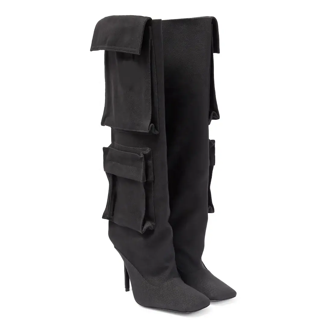 Anmairon Super Fashion Designer Heels Over The Knee Pockets Design Side Zipper Women Denim Boots