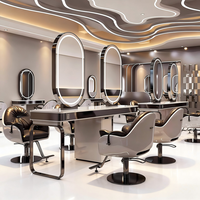 Miroir de Salon Double Face Moderne en Acier Inoxydable Durable avec Éclairage LED pour Salons de Coiffure Professionnels et Rangement Multiple