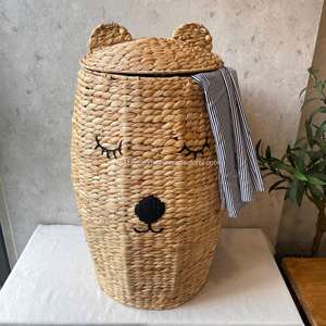 Boho Kids Room <b>Large</b> Toy Storage Water Hyacinth <b>Wicker</b> Bear <b>Basket</b> with Lid Natural Laundry Bags & <b>Baskets</b> - Product Image 2