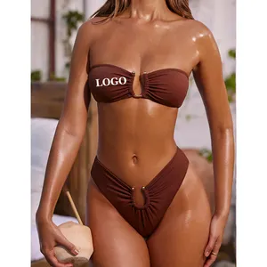 Pequeño MOQ Traje de baño para mujer 2024 Myao Brasil Con Gancho Bikini Blanqueamiento Bikinis personalizados Logotipo de metal Ropa de baño Bandeau Bikini