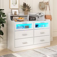 Commode moderne à LED avec prise électrique, 6 tiroirs, rangement, étagères ouvertes, meuble de chambre à coucher